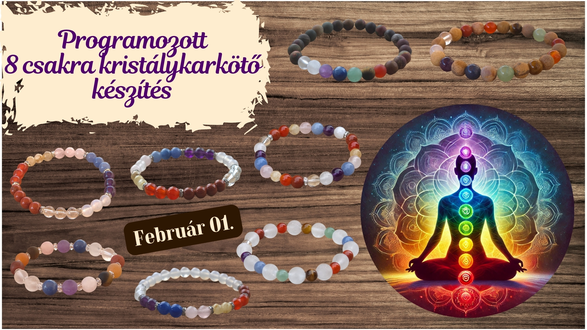 8 csakra programozott kristálykarkötő készítés Kristályok egy farönkön elhelyezve